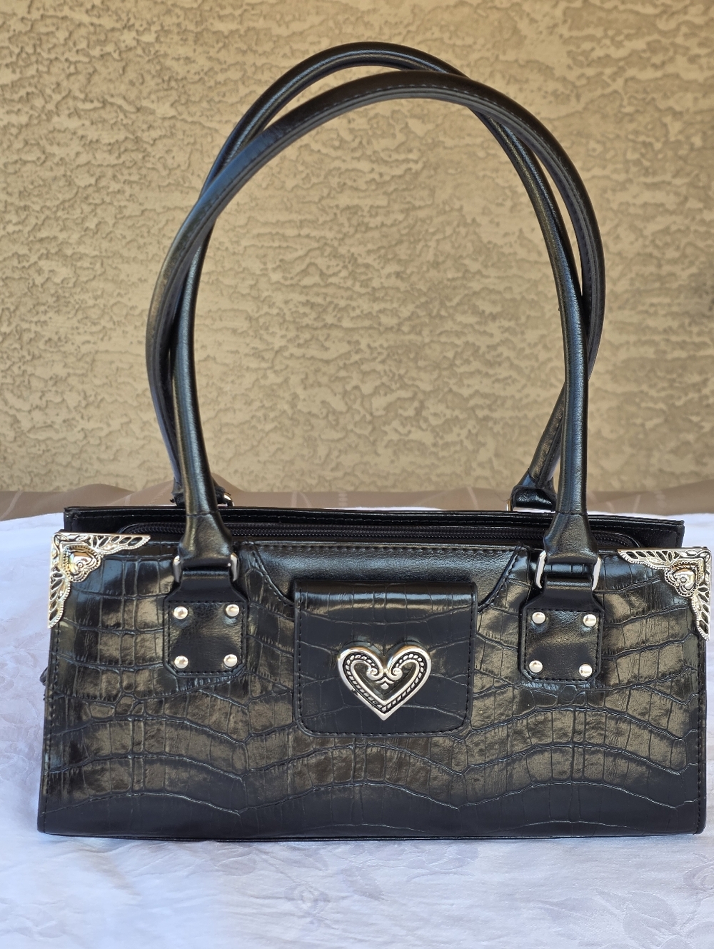 Brighton Black Leather Shoulder Bag Croc Pattern with Floral Lining Y2K Vtg